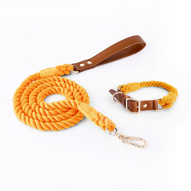 Woven Cotton Rope Leather Pet Dog Collar Suit