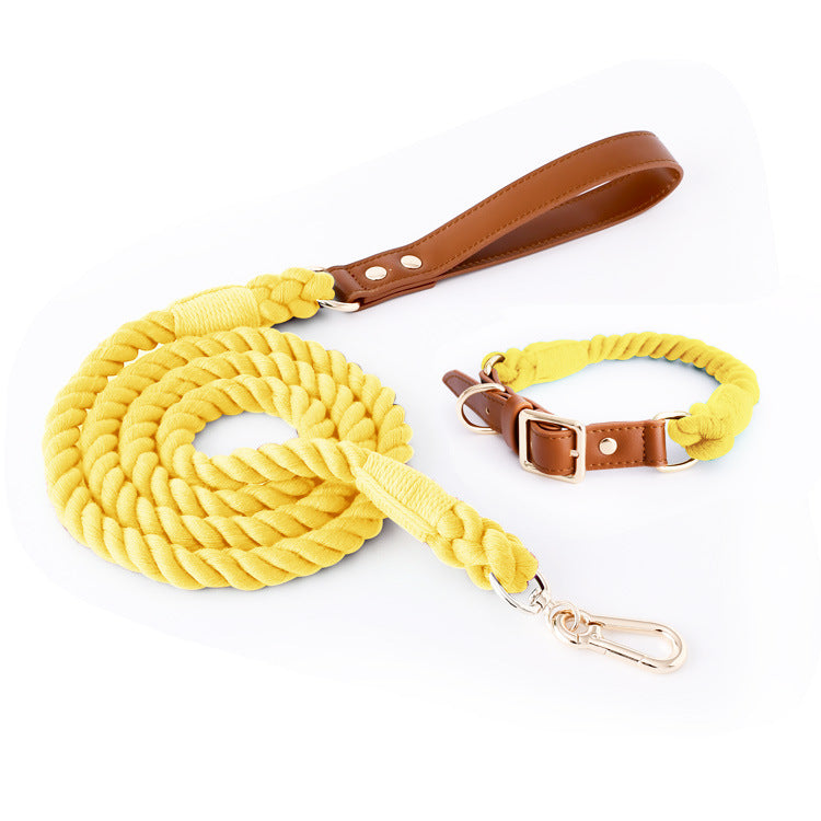 Woven Cotton Rope Leather Pet Dog Collar Suit