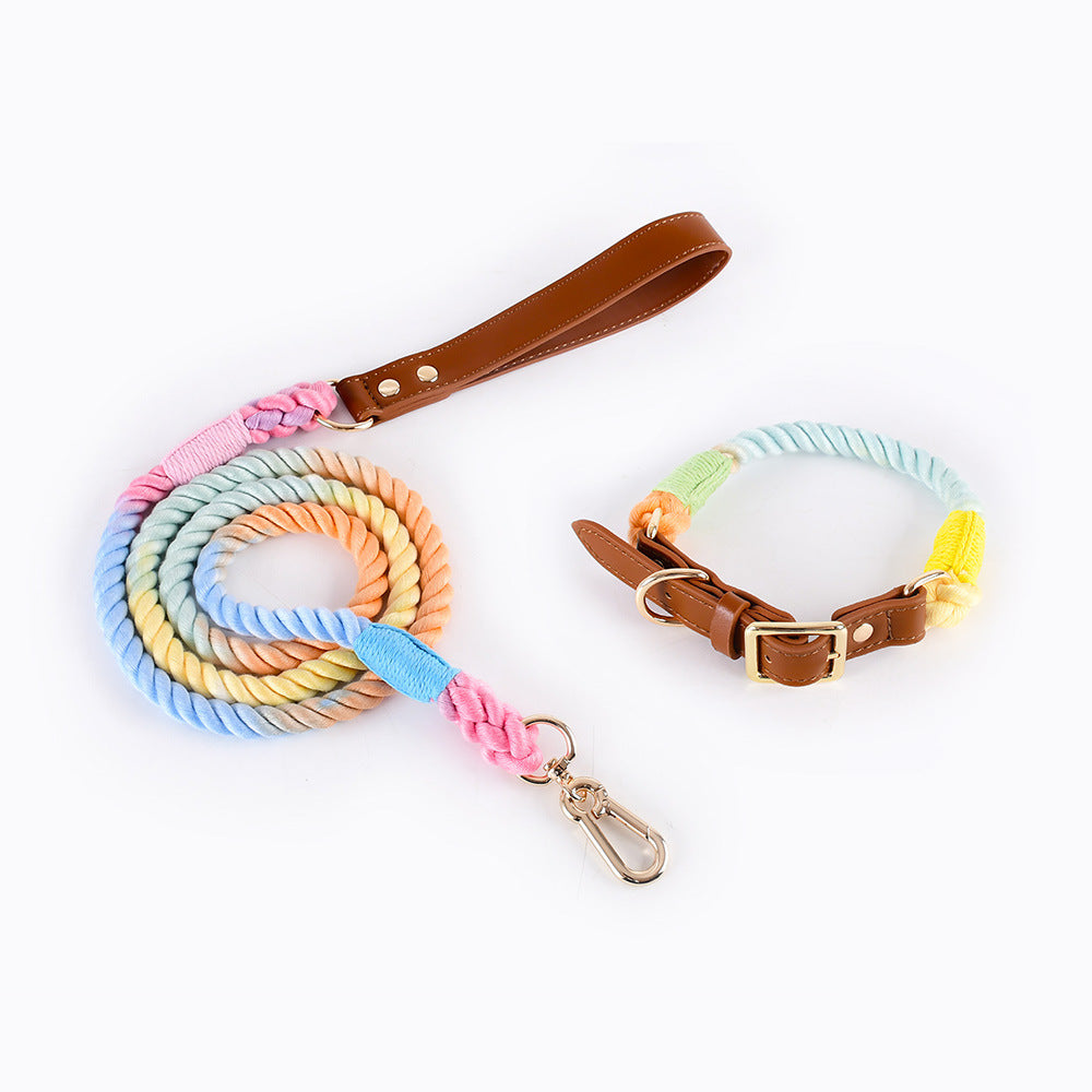 Woven Cotton Rope Leather Pet Dog Collar Suit