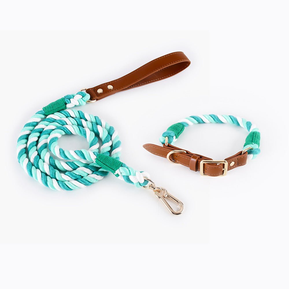Woven Cotton Rope Leather Pet Dog Collar Suit