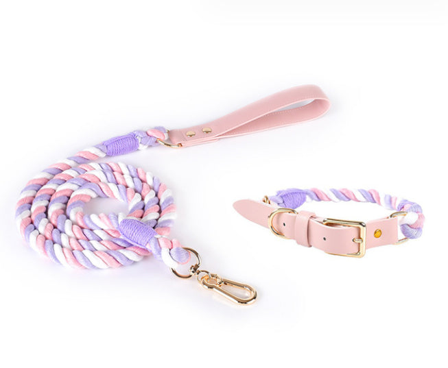Woven Cotton Rope Leather Pet Dog Collar Suit