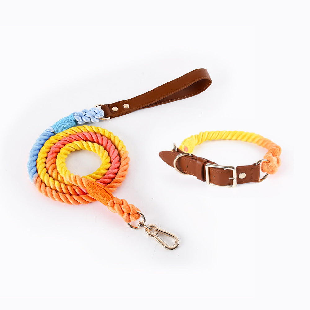 Woven Cotton Rope Leather Pet Dog Collar Suit