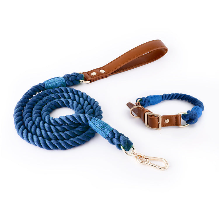 Woven Cotton Rope Leather Pet Dog Collar Suit