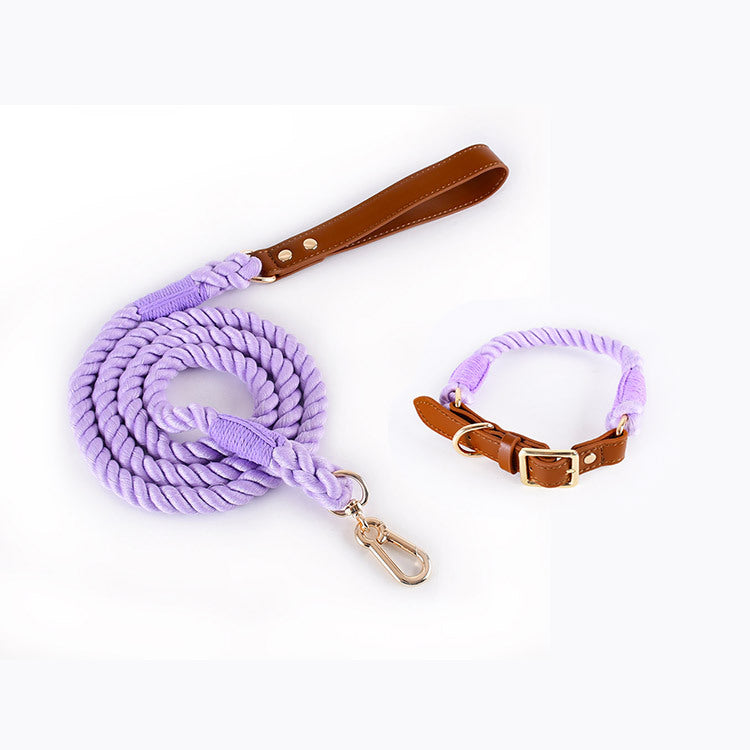 Woven Cotton Rope Leather Pet Dog Collar Suit