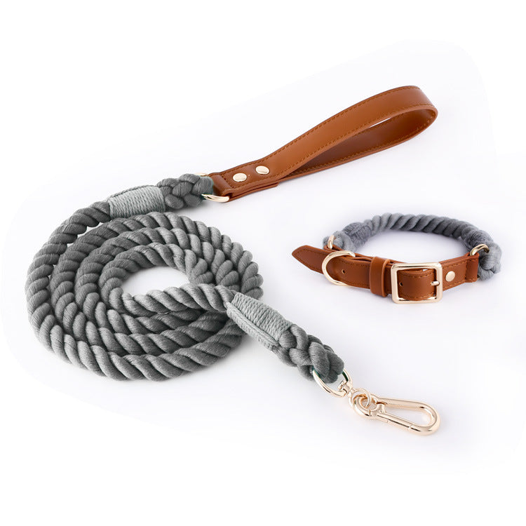 Woven Cotton Rope Leather Pet Dog Collar Suit